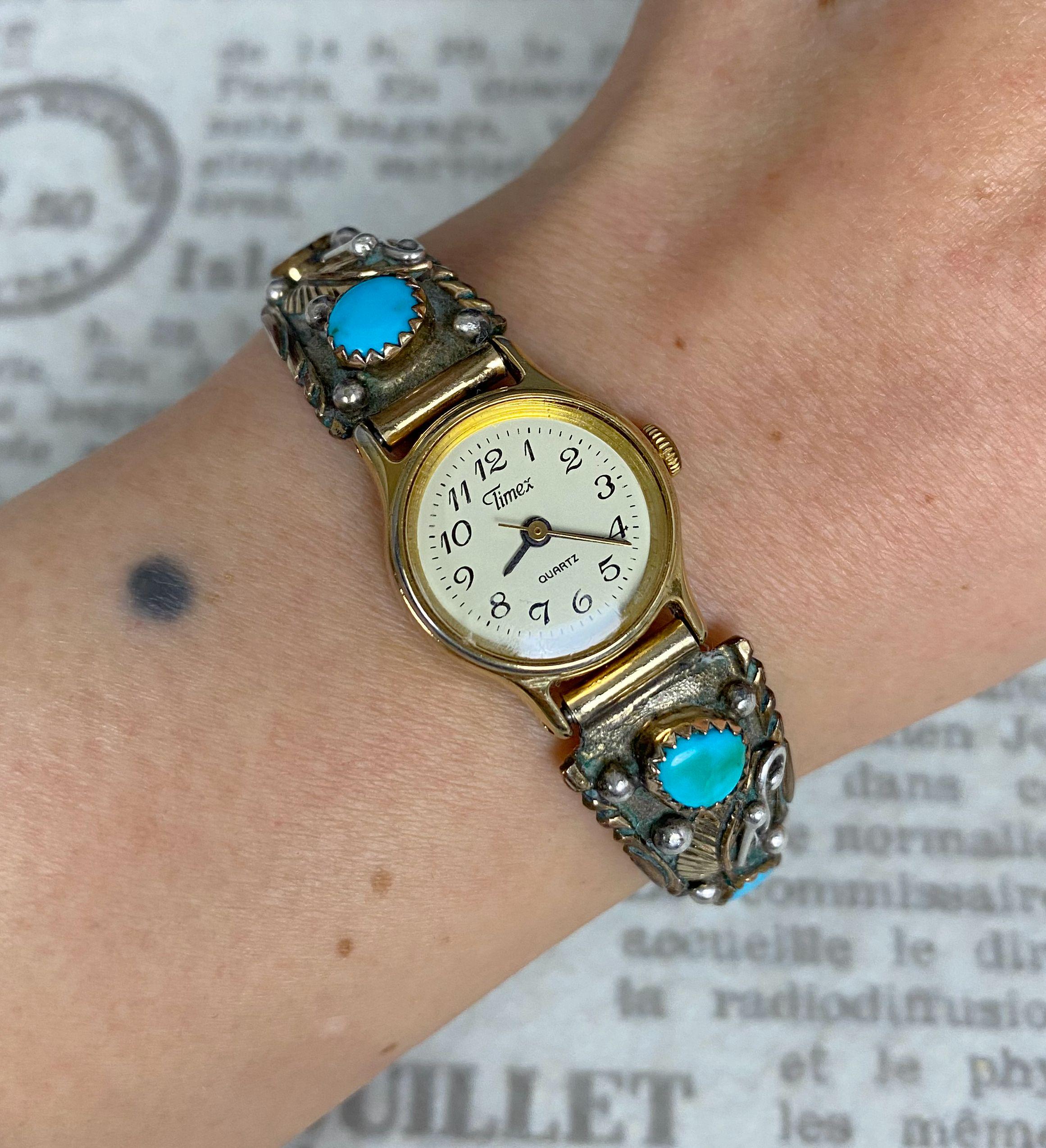 W1416 Vintage Navajo Silver Feather Turquoise Timex Quartz  display picture 3
