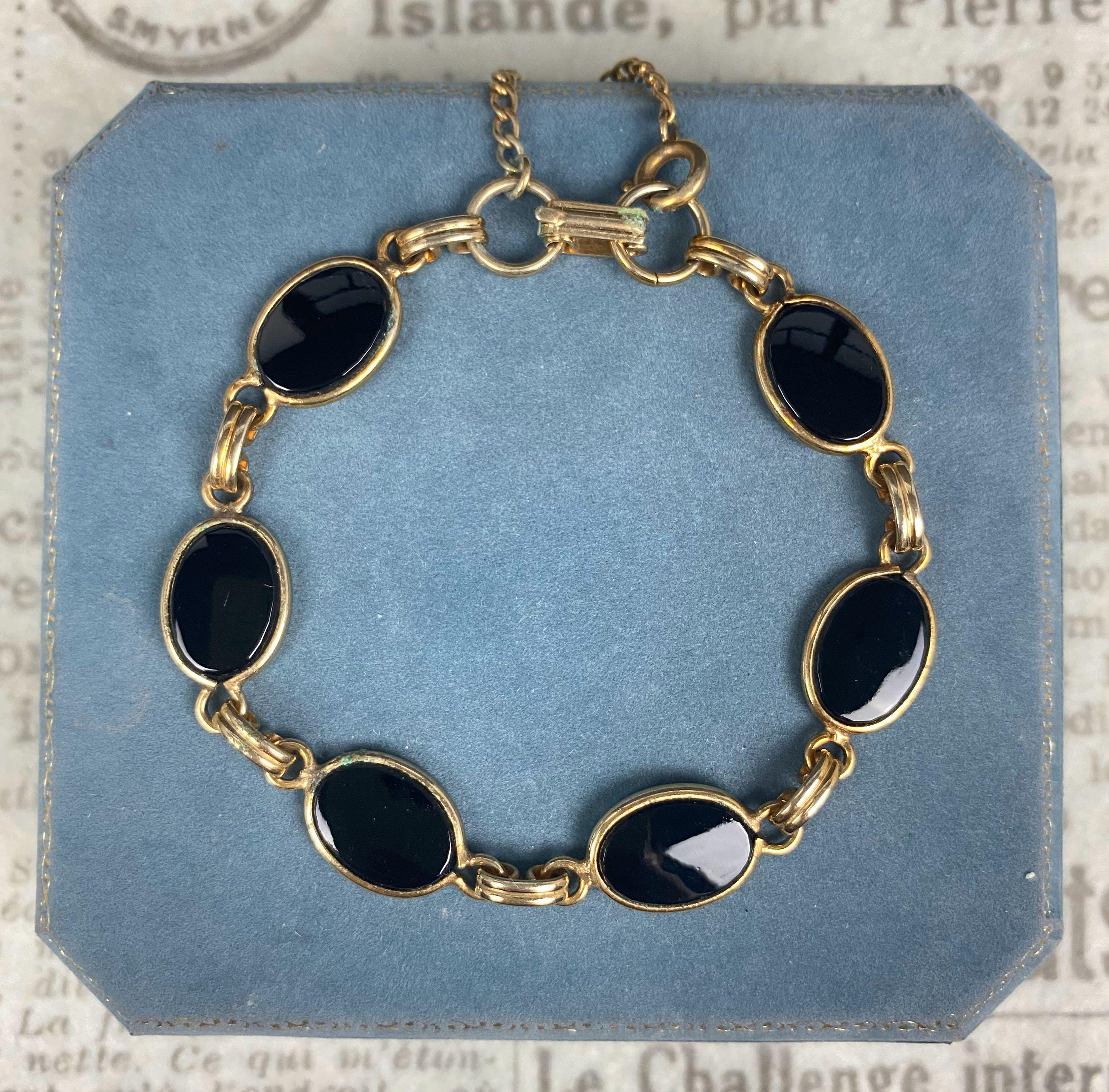 N1334 Vintage 6 Oval Black Onyx Link Bracelet / Gold Plated / 7