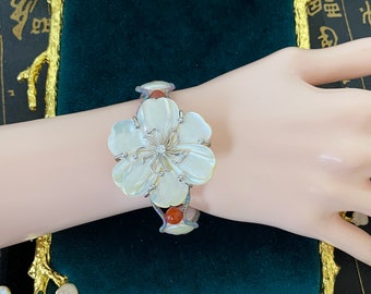 N0040 Handcrafted Braided Strap/ Bracelet/mother of pearl Flower/S925 Silver Setting Shiny Stone S925 Watch Buckle/coin Pearl/nanhong agate