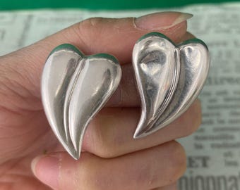 アクセサリー Vintage Silver 925 Heart design earrings Vintage Silver Puffy Heart Earrings, Bold 1980s Romantic Drop