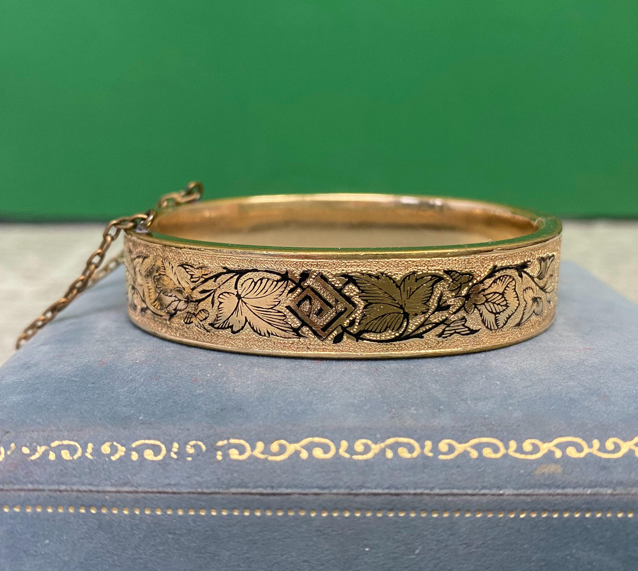 W1615 Antique H&H Engraved Floral Gold Filled Hinged Bangle