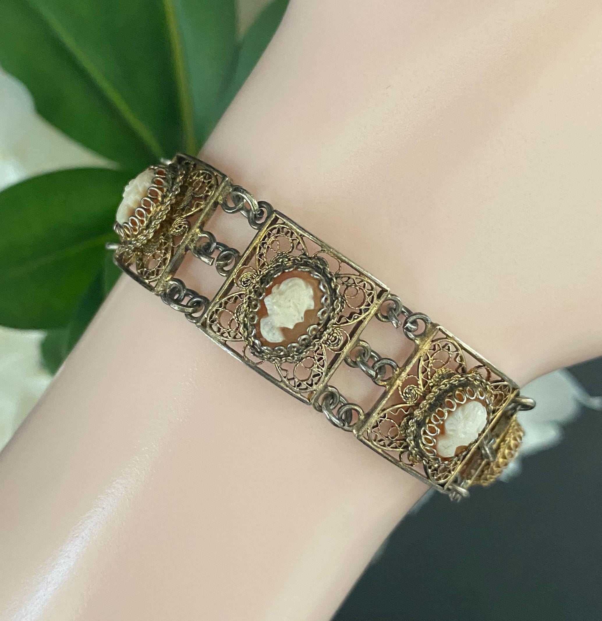 N0581 アンティークカメオ 900 シルバー フィリグリーブレスレット