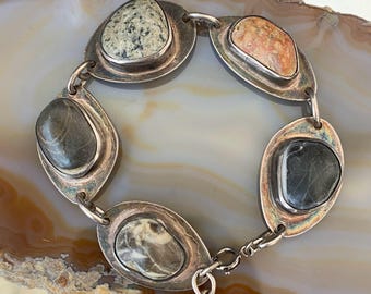 N1101 Vintage Sterling Silver Multi-Natural Jasper stone Bracelet/ Great Gift /Sterling Bracelet