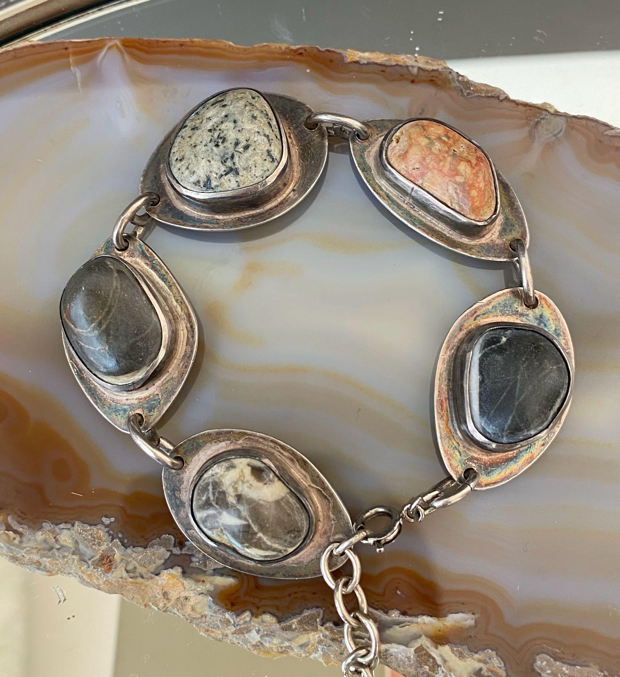 N1101 Vintage Sterling Silver Multi-natural Jasper Stone Bracelet