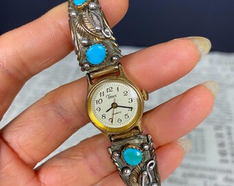 Vintage Timex Women\'s Silver-Tone Watch with Native American Sterling Accents Native American Southwestern Coral Sterling Silver Timex  main image 3