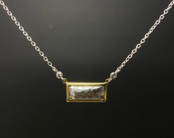 N1828 Opulenza Sterling Silver Necklace | Two Tone Rectangular Pendant Clear Crystal Accents | Signed 925 Designer Necklace 16–18 Inch
