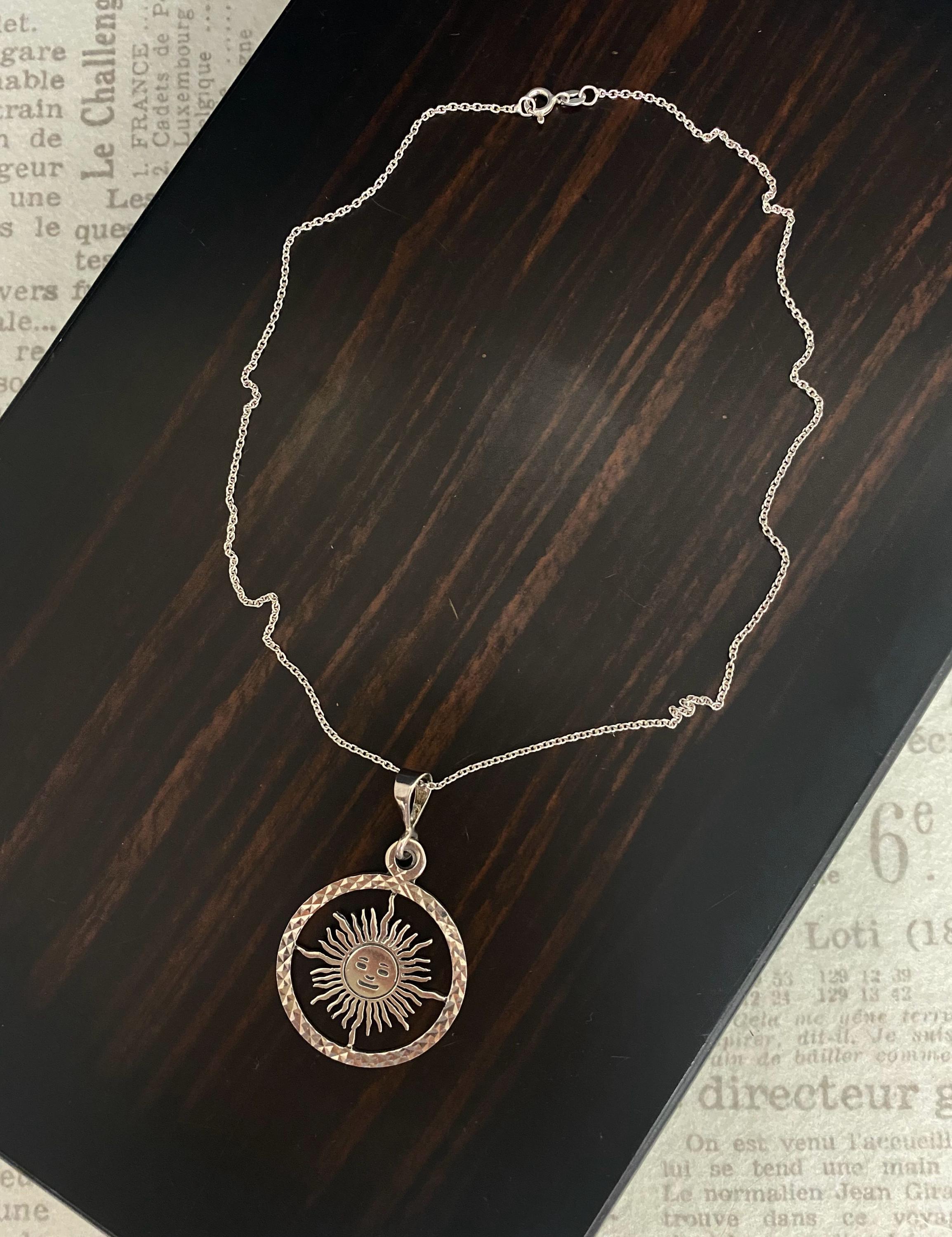 N1502 Vintage Mexican Silver Sun Pendant Necklace / Signed Mexico 