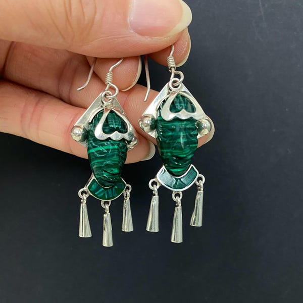 N1720 Vintage Taxco Mexico 925 Sterling Silver Malachite Face Earrings | Hand Carved Stone Tribal Mask Dangle | 9.4g Statement Earrings