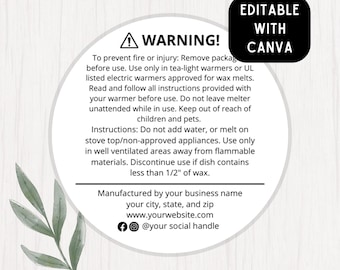 Wax Melt Warning Label Template, Editable Wax Melt Warning Label, Wax Melt Warning Label, Editable Canva Template