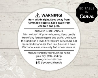 Candle Warning Label Template Printable Editable Warning - Etsy