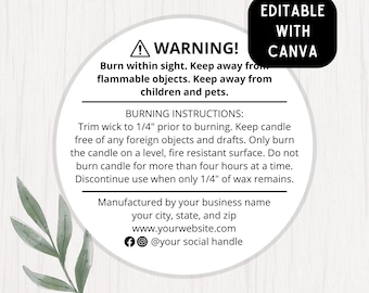 Candle Warning Label Template, Editable Candle Warning Label, Candle Warning Label, Editable Canva Template