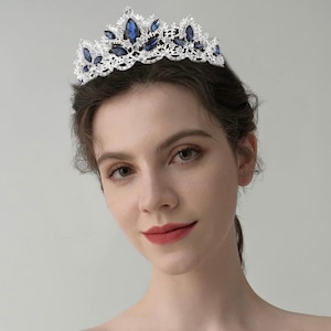 Sterling Silver and Sapphire Blue Crystal, Vintage Silver and Sapphire Blue Crown Headband Wedding Bride Princess Queen Birthday Hair Piece