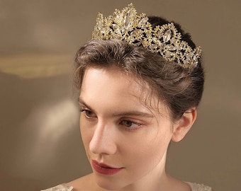 Vintage Gold Crystal, Vintage Gold Crown Headband Wedding Bride Princess Queen Birthday Party Hair Piece with loops