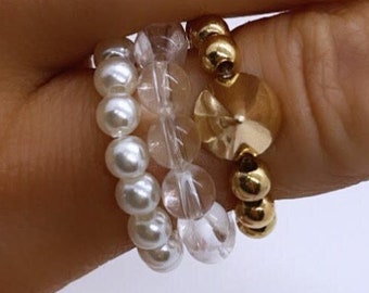 Wool + Pepper Co. Beaded Ring Stack - Fall 2021 Collection - Gold/Pearl/Clear Stack