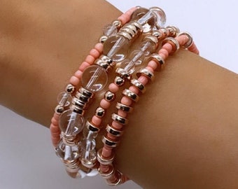 Wool + Pepper Co. Beaded Bracelet Stack (4) - The Rose Gold Collection - Coral & RG