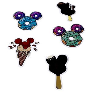 May include: Six Mickey Mouse-shaped stickers featuring different treats: two blue and purple sprinkle donuts, two chocolate ice cream bars, and two ice cream cones with chocolate and red sprinkles.