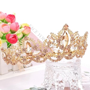 Champagne and Gold Crystal, Gold Crown Headband Wedding Bride Princess Queen Birthday Party Hair Piece with comb