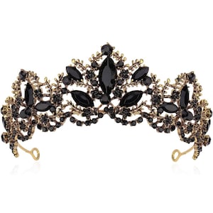 Black and Gold Crystal, Gold Crown Headband Wedding Bride Princess Queen Birthday Party Hair Piece