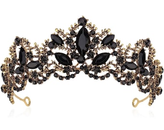 Black and Gold Crystal, Gold Crown Headband Wedding Bride Princess Queen Birthday Party Hair Piece