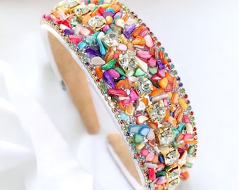 Rhinestone Women’s Headband, Sparkle Diamond Crystal Headbands, Padded Wide Headband, Glitter Hair Accessories for Women Girls, Rainbow