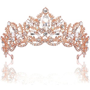 Rose Gold and Crystal, Vintage Rose Gold Crown Headband Wedding Bride Princess Queen Birthday Hair Piece with loops