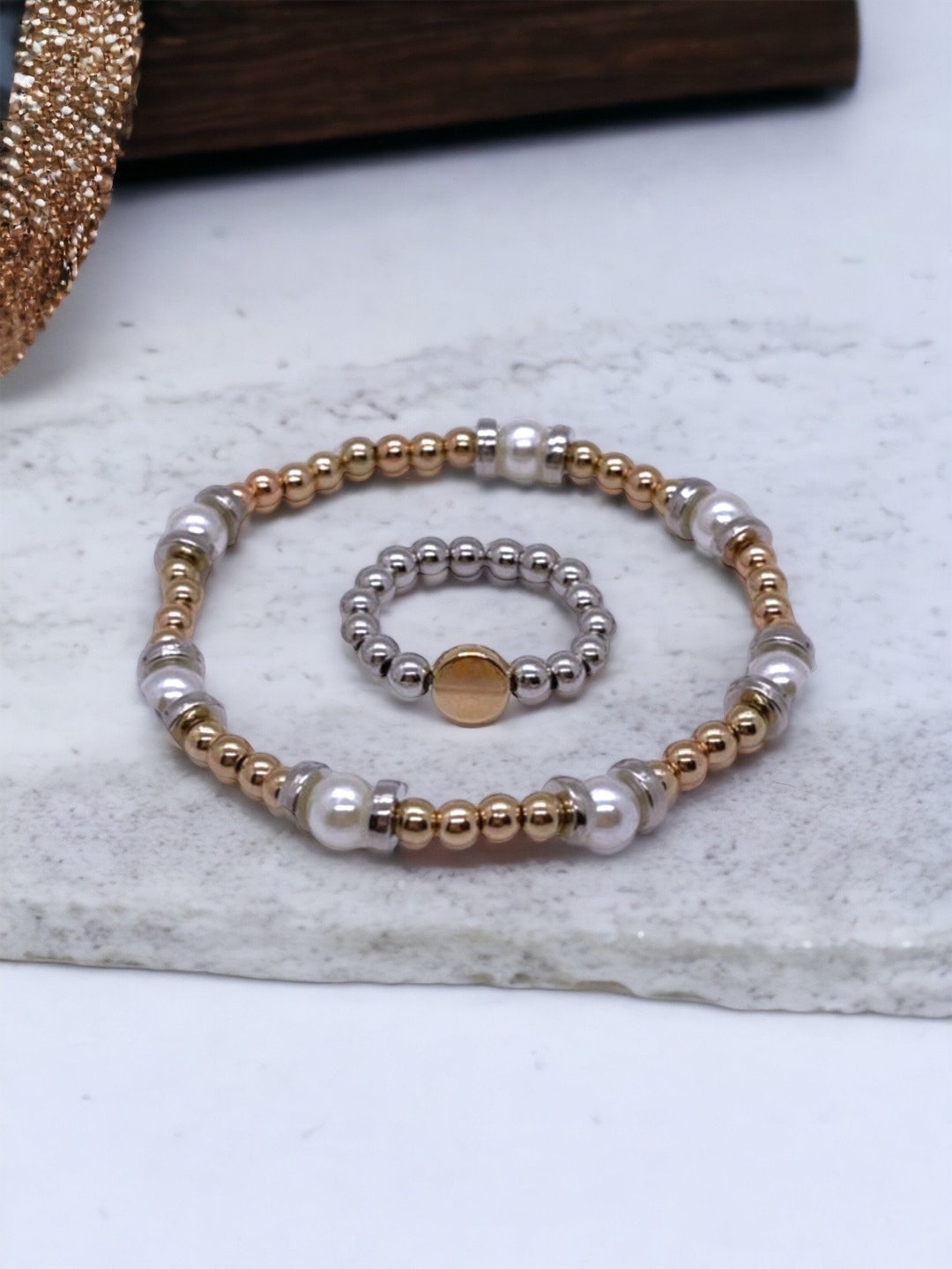 Silver and Gold Beaded Bracelet Ring Set Etsy