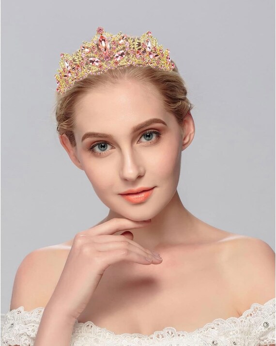 Vintage Crystal Tiara, Gold Wedding Hairpiece, princess tiara, gold headband 7.5cm Tall Crystal Beads Gold Tiara Crown Wedding Queen Prom  main image 2