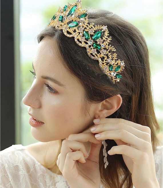 Handmade Headpiece Gold&Emerald Gold emerald crown, Gold crown, Emerald crown, green crown  main image 2