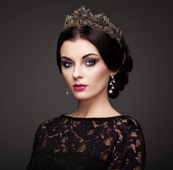 Black and Gold Crystal, Gold Crown Headband Wedding Bride  display picture 2
