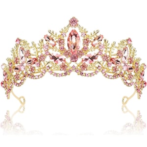 Gold and Pink Crystal, Vintage Gold and Pink Crystal Crown Headband Wedding Bride Princess Queen Birthday Hair Piece with loops