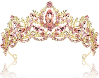 Gold and Pink Crystal, Vintage Gold and Pink Crystal Crown Headband Wedding Bride Princess Queen Birthday Hair Piece with loops
