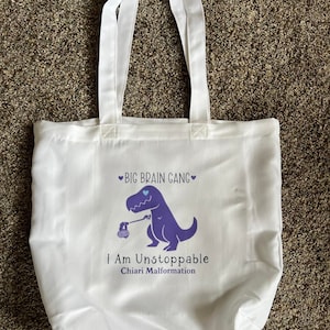 Dinosaur Big Brain Gang Chiari Malformation Polyester Tote Bag Chiari Decompression Chronic Illness Spoonie