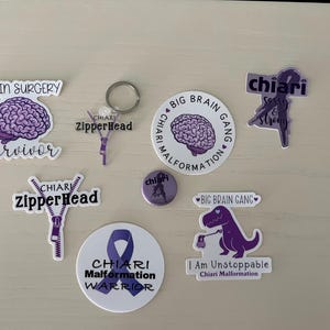 Chiari Malformation Lot Sticker Decal, Chiari Pin & Acrylic Keychain Lot - 8 Pieces in the Lot