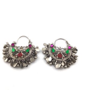 Afghan Vintage Hoop Earrings, Handmade Tribal Jewelry with Bells, Ethnic Boho Earrings, Kuchi Statement Hoops