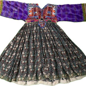 Vintage 80-Year-Old Kuchi Baluchi Dress, Antique Tribal Ethnic Gown, Colorful Thread and Bead Work, Coins, Tassels, Nomadic Vintage Clothing