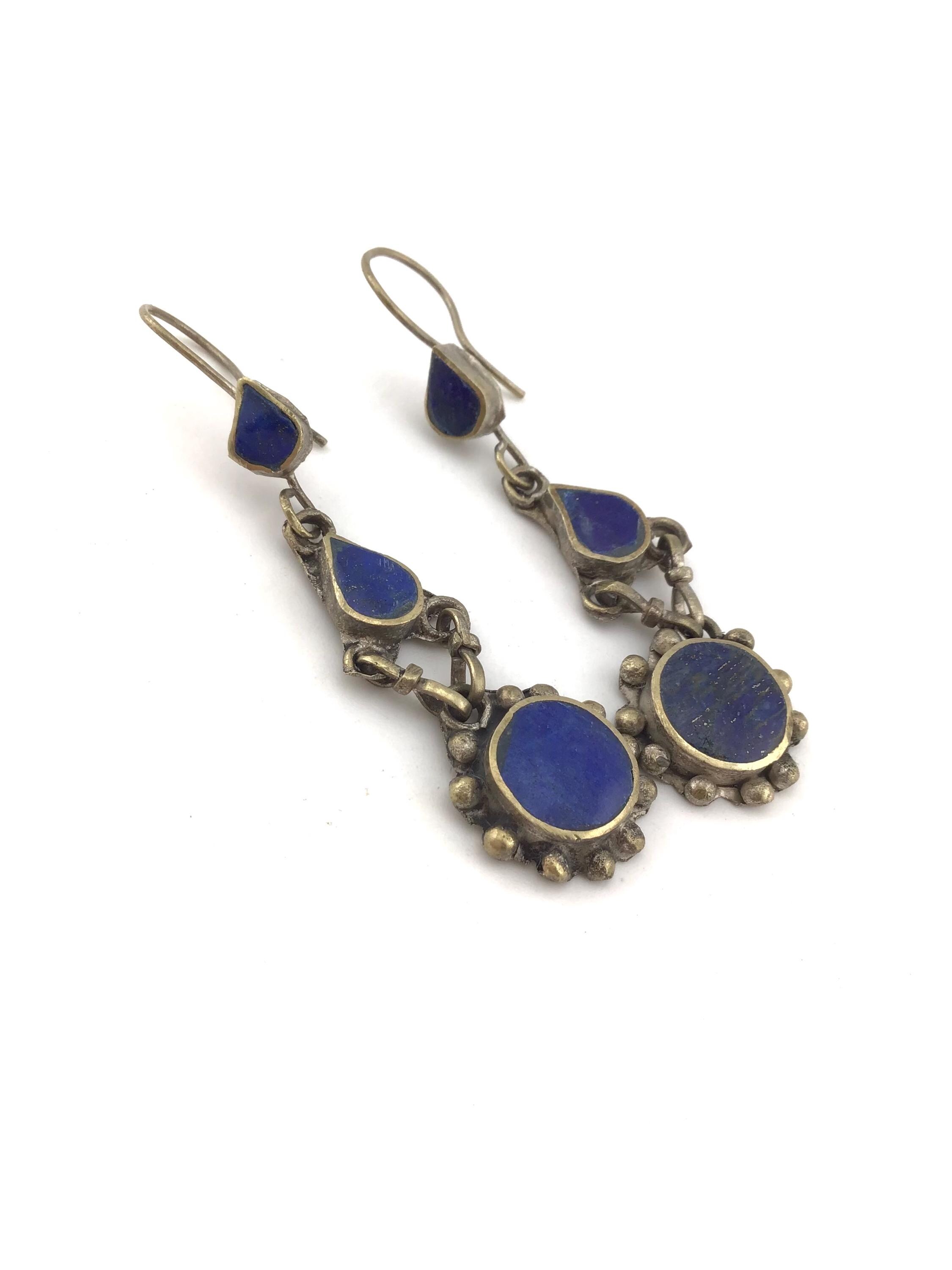 Boucles D'oreilles Pendantes Anciennes - Plaqué Or Avec Lapis-lazuli Véritable, Occasion
