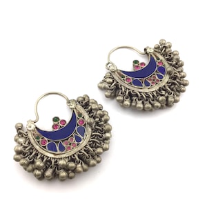 Afghan Vintage Hoop Earrings, Handmade Tribal Jewelry with Bells, Ethnic Boho Earrings, Kuchi Statement Hoops