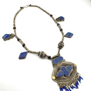 Vintage Afghan Jewelry, Silver-Tone Pendant with Lapis Lazuli, Handmade Tribal Necklace, Ethnic Bohoimian style Jewelry