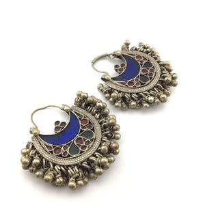 Afghan Vintage Hoop Earrings, Handmade Tribal Jewelry with Bells, Ethnic Boho Earrings, Kuchi Statement Hoops