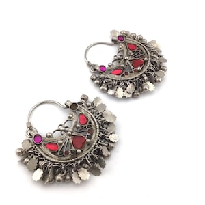 Afghan Vintage Hoop Earrings, Handmade Tribal Jewelry with Bells, Ethnic Boho Earrings, Kuchi Statement Hoops