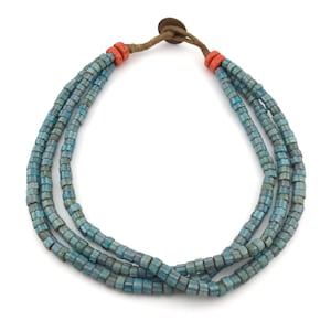 Old Nigerian Glass Trade Beads Necklace, African Tribal Beads, Vintage Ethnic Jewelry, Coin Closure Necklace, Handmade Boho Strand