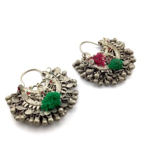 Afghan Vintage Hoop Earrings, Handmade Tribal Jewelry with Bells, Ethnic Boho Earrings, Kuchi Statement Hoops