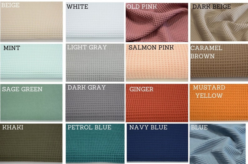 Puede incluir: Muestra de 16 muestras de tejido de tejido de waffle en varios colores, incluyendo beige, blanco, rosa, gris, verde, marr&oacute;n, naranja, amarillo, azul y caqui.