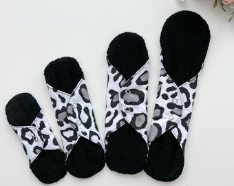 Organic black menstrual cloth pads, long lasting bamboo panty liners, period starter set, sanitary napkins