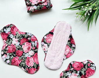 Organic floral menstrual cloth pads, long lasting bamboo panty liners, period starter set, sanitary napkins