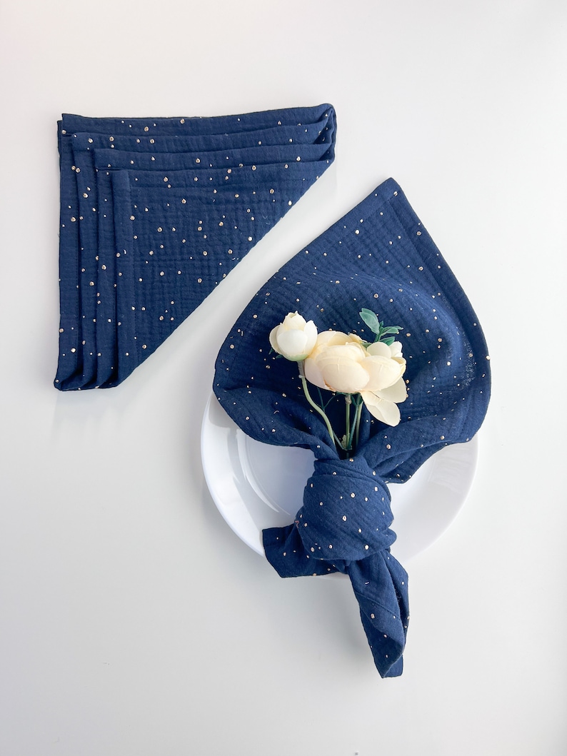 Serviettes de table de mariage, réutilisables Masse de serviettes de table, serviettes stoffservietten, serviettes en mousseline, serviettes en tissu Washabele ensemble de serviettes de mariage, carrés de mousseline Navy blue gold