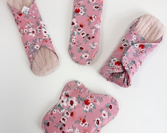 Organic floral menstrual cloth pads, long lasting bamboo panty liners, period starter set, sanitary napkins