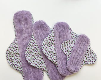Organic floral menstrual cloth pads, long lasting bamboo panty liners, period starter set, sanitary napkins