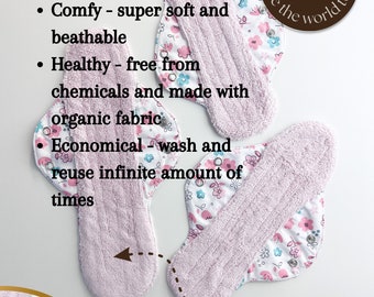 Organic floral menstrual cloth pads, long lasting bamboo panty liners, period starter set, sanitary napkins
