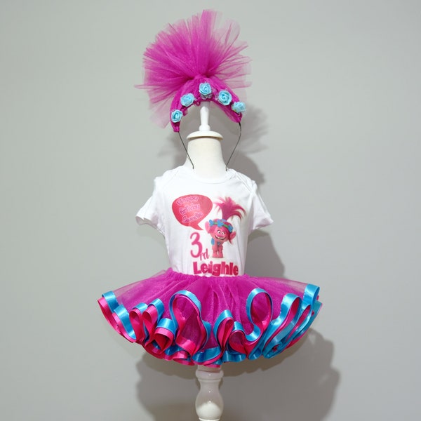 Poppy Trolls birthday outfit. Princess Poppy tutu outfit. Party outfit.Personalized birthday tutu outfit.. Girl’s bhirtday tutu outfit.